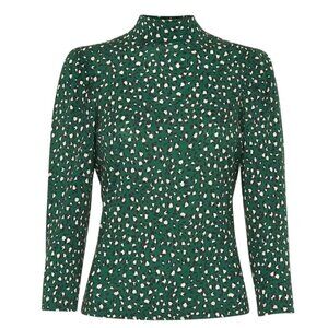 Whistles Womens 2 Green Leopard Print High Neck 3/4 Sleeve Shirt